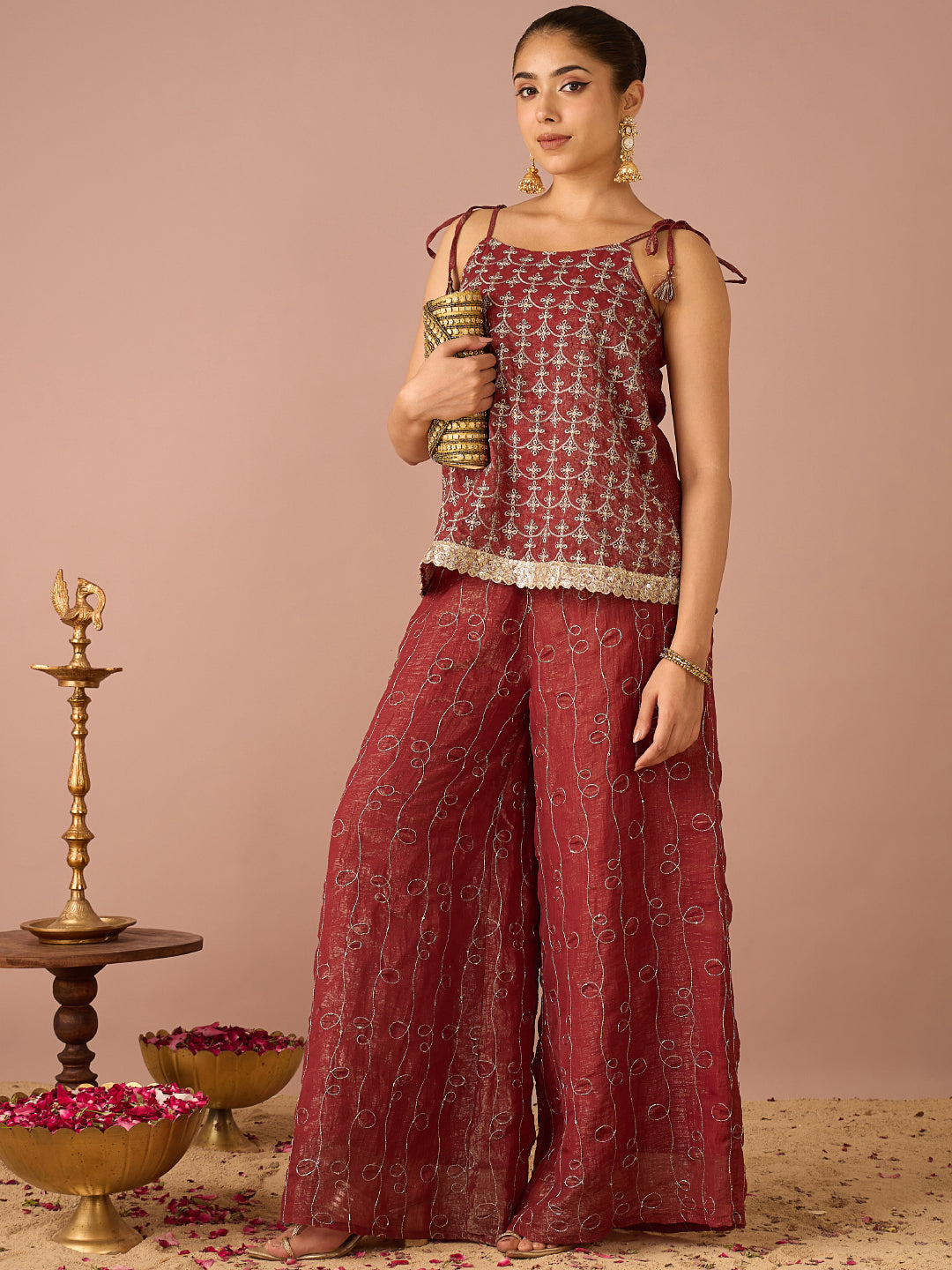 Janasya Women's Rust Tissue Silk Floral Zari Embroidered A-Line Co-Ord Set