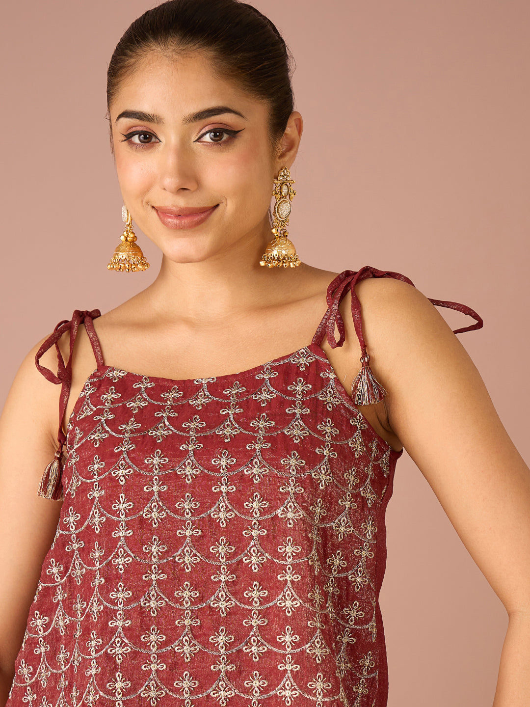 Janasya Women's Rust Tissue Silk Floral Zari Embroidered A-Line Co-Ord Set