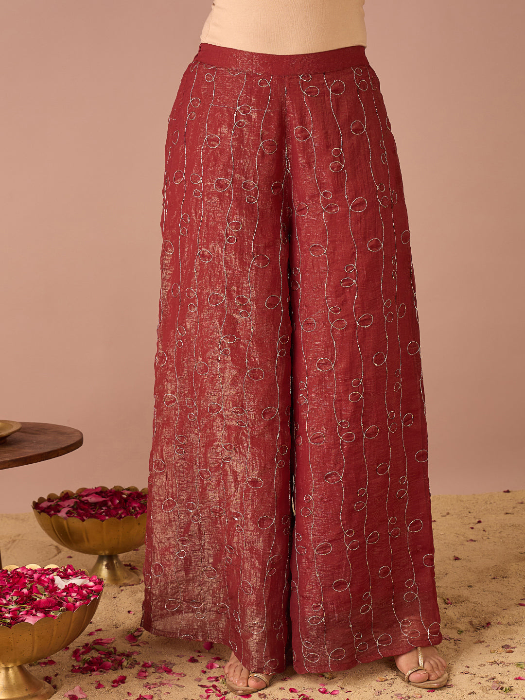 Janasya Women's Rust Tissue Silk Floral Zari Embroidered A-Line Co-Ord Set