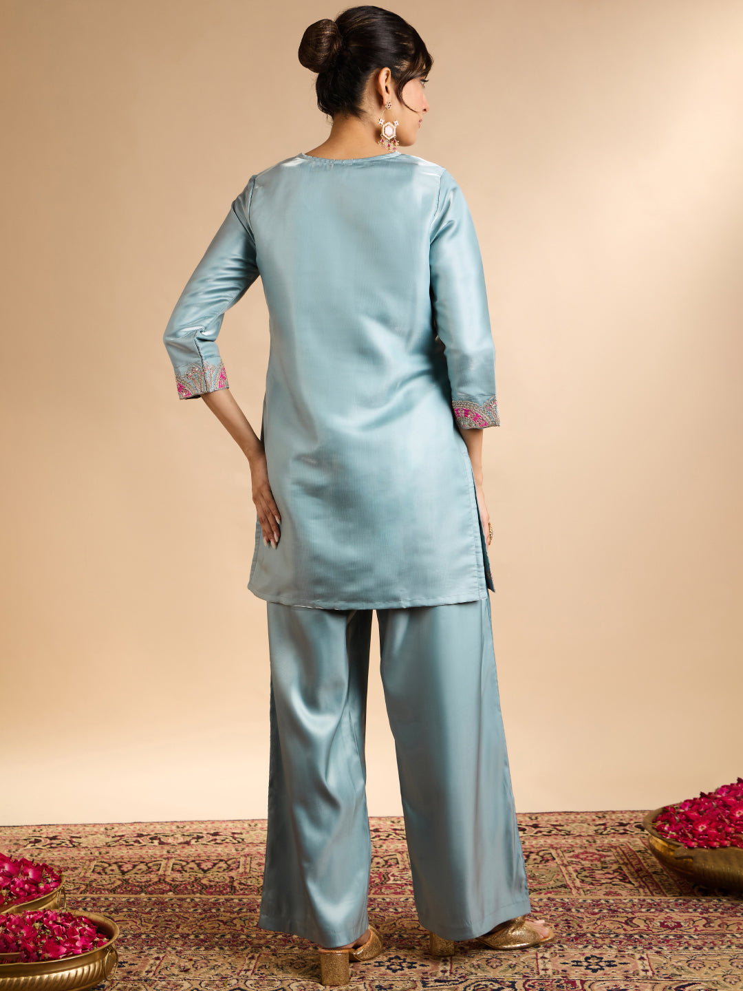 Janasya Women's Sky Blue Silk Blend Floral Zari Embroidered Straight Co-Ord Set
