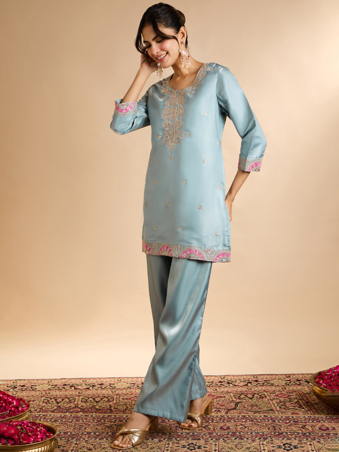Janasya Women's Sky Blue Silk Blend Floral Zari Embroidered Straight Co-Ord Set