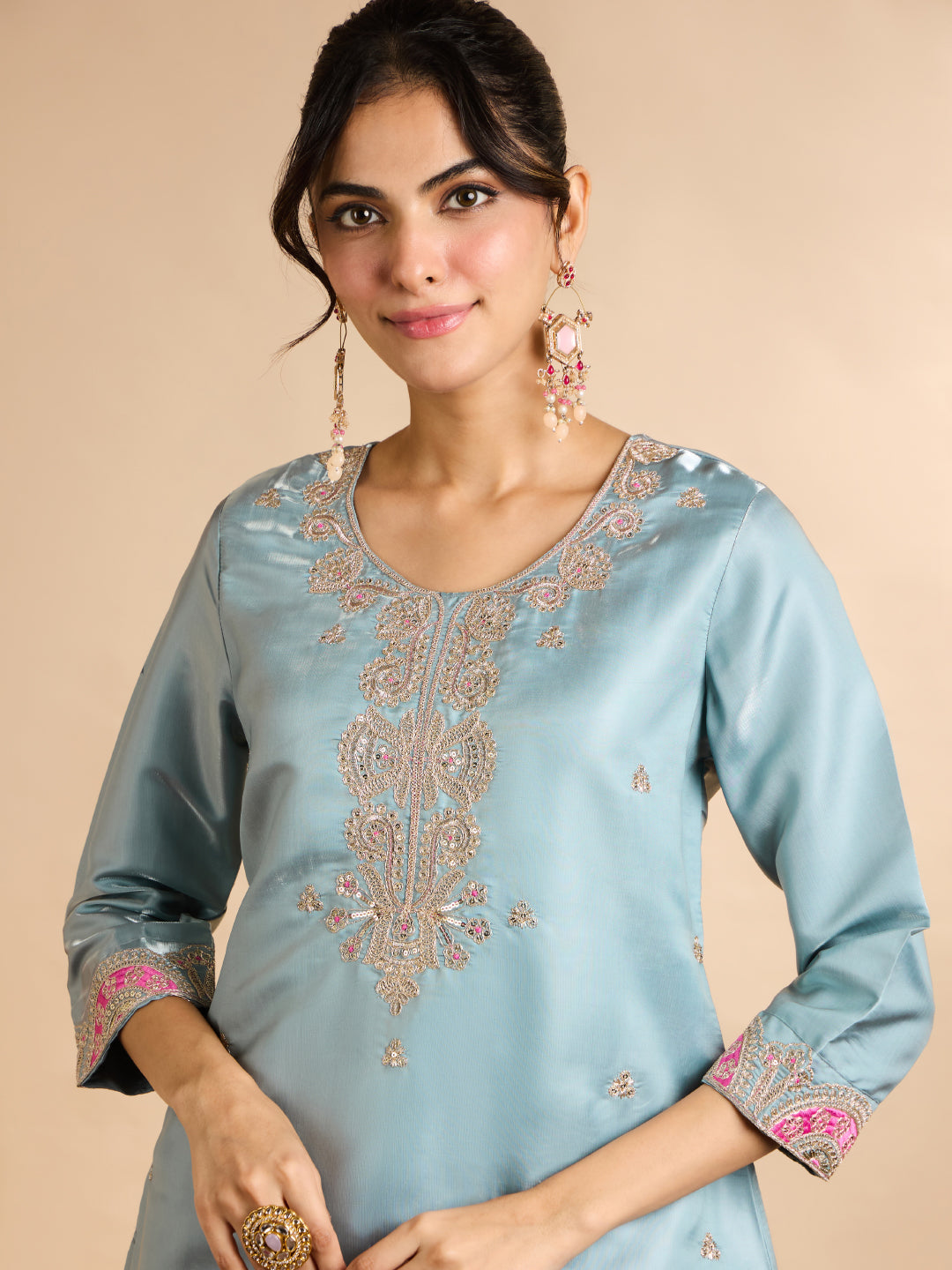 Janasya Women's Sky Blue Silk Blend Floral Zari Embroidered Straight Co-Ord Set