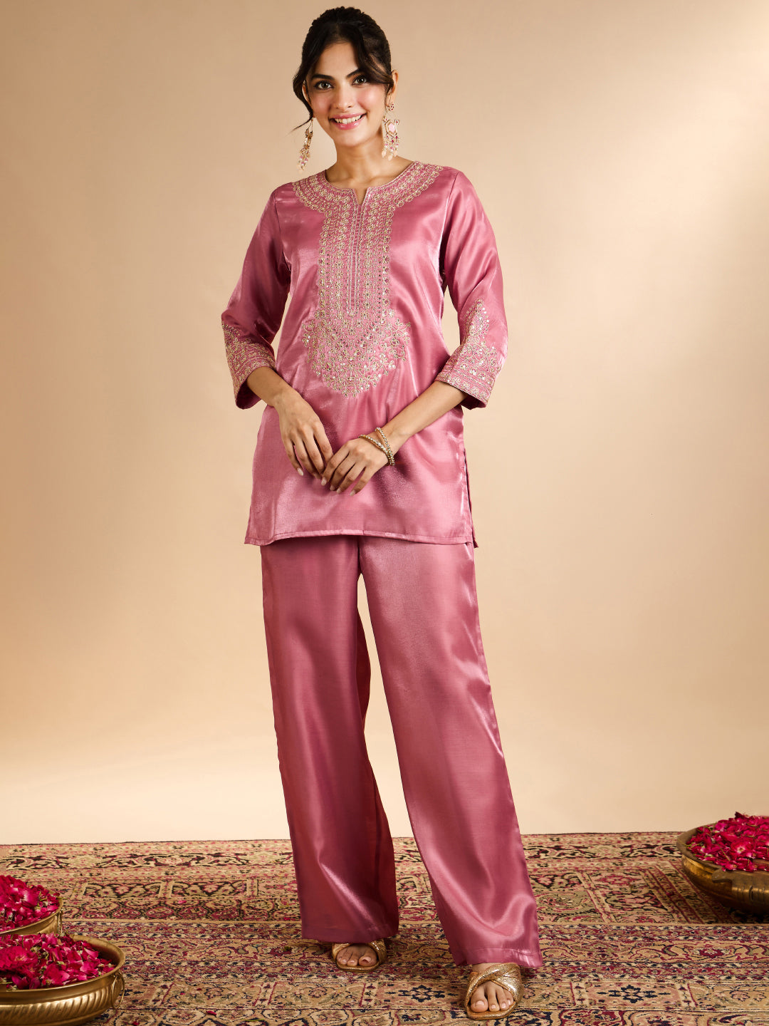 Janasya Women's Pink Silk Blend Floral Zari Embroidered Straight Co-Ord Set