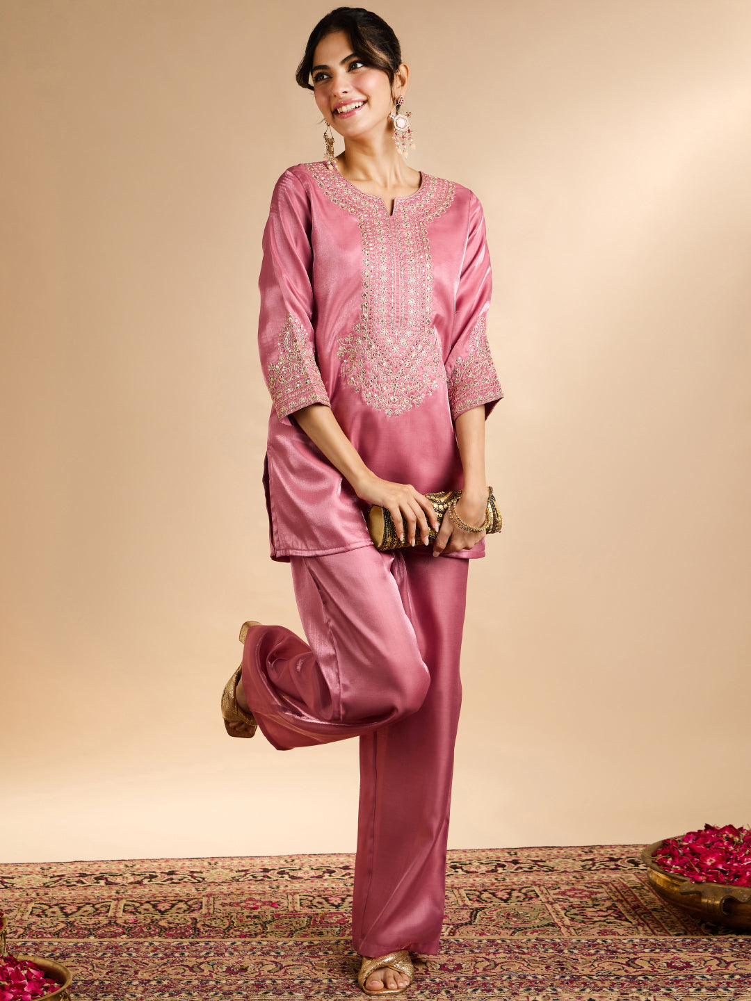 Janasya Women's Pink Silk Blend Floral Zari Embroidered Straight Co-Ord Set