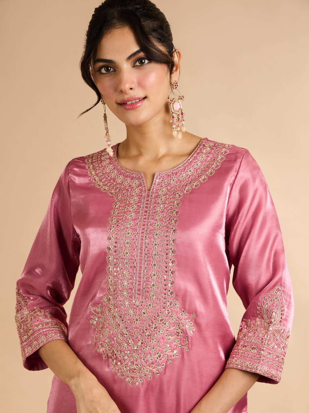 Janasya Women's Pink Silk Blend Floral Zari Embroidered Straight Co-Ord Set