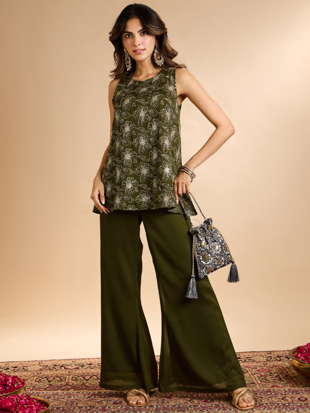 Janasya Women's Olive Green Georgette Floral Embroidered A-Line Co-Ord Set