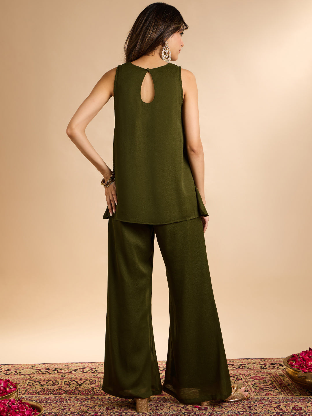 Janasya Women's Olive Green Georgette Floral Embroidered A-Line Co-Ord Set