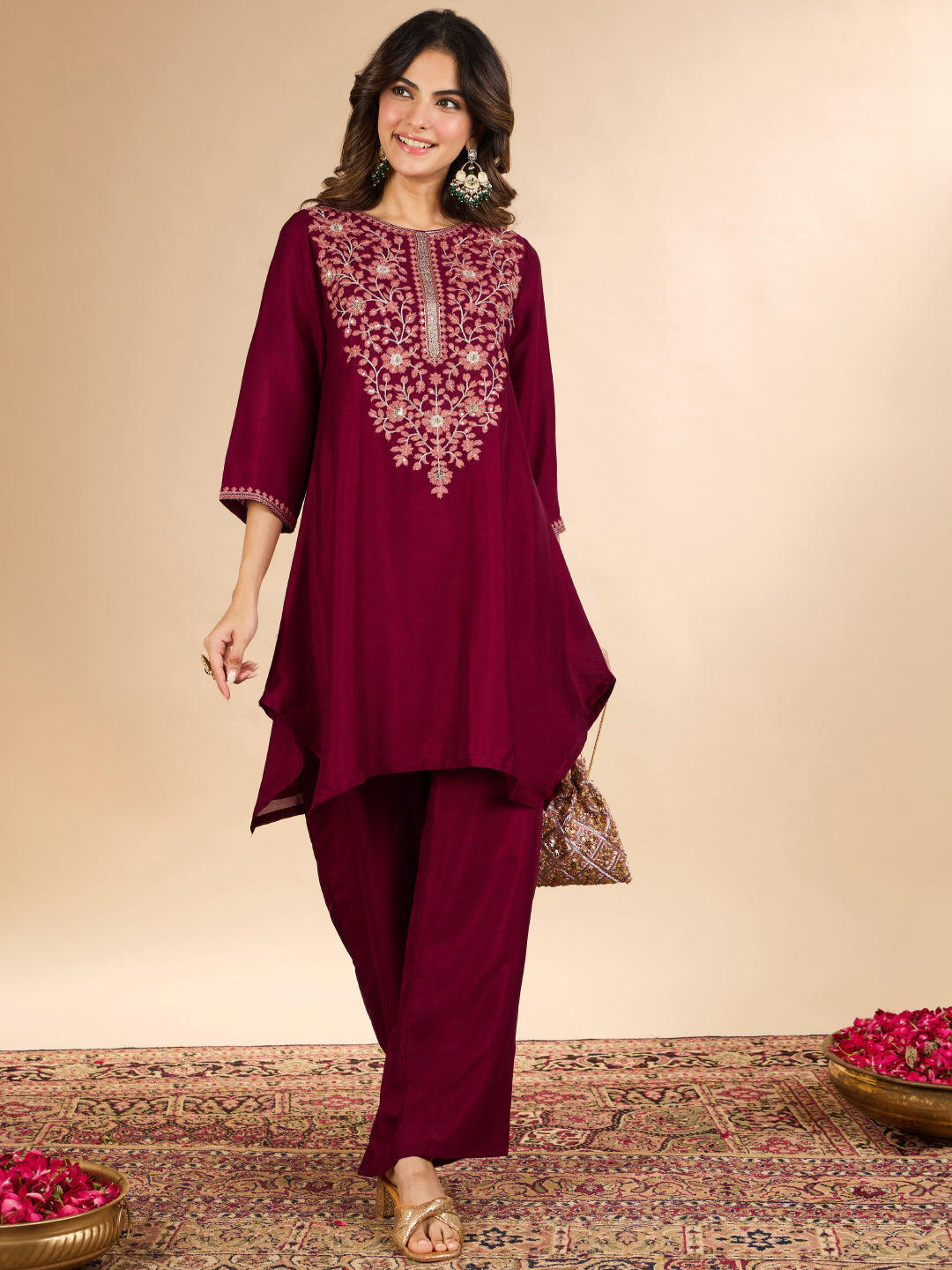 Janasya Women's Maroon Silk Blend Floral Sequins Zari Yoke Embroidered A-Line Co-Ord Set