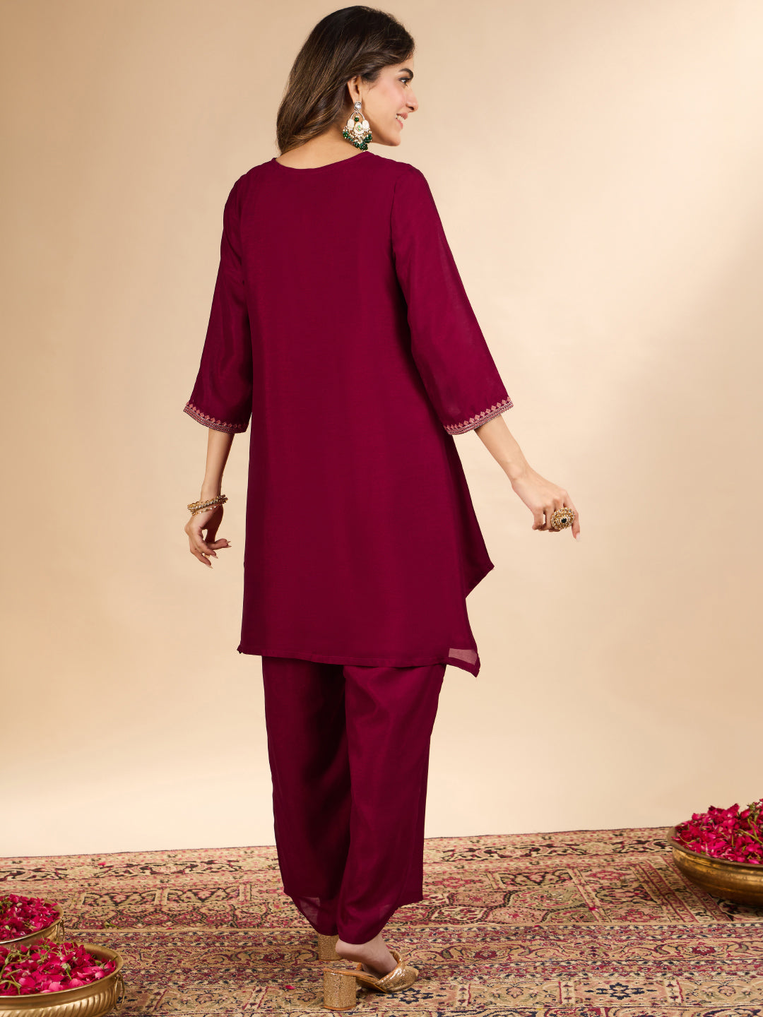 Janasya Women's Maroon Silk Blend Floral Sequins Zari Yoke Embroidered A-Line Co-Ord Set