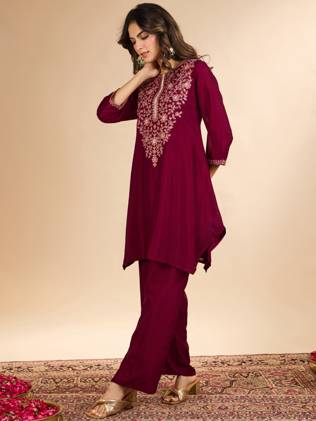 Janasya Women's Maroon Silk Blend Floral Sequins Zari Yoke Embroidered A-Line Co-Ord Set