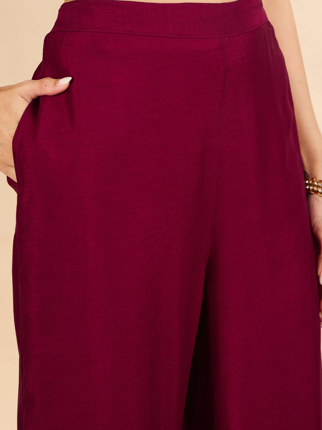 Janasya Women's Maroon Silk Blend Floral Sequins Zari Yoke Embroidered A-Line Co-Ord Set