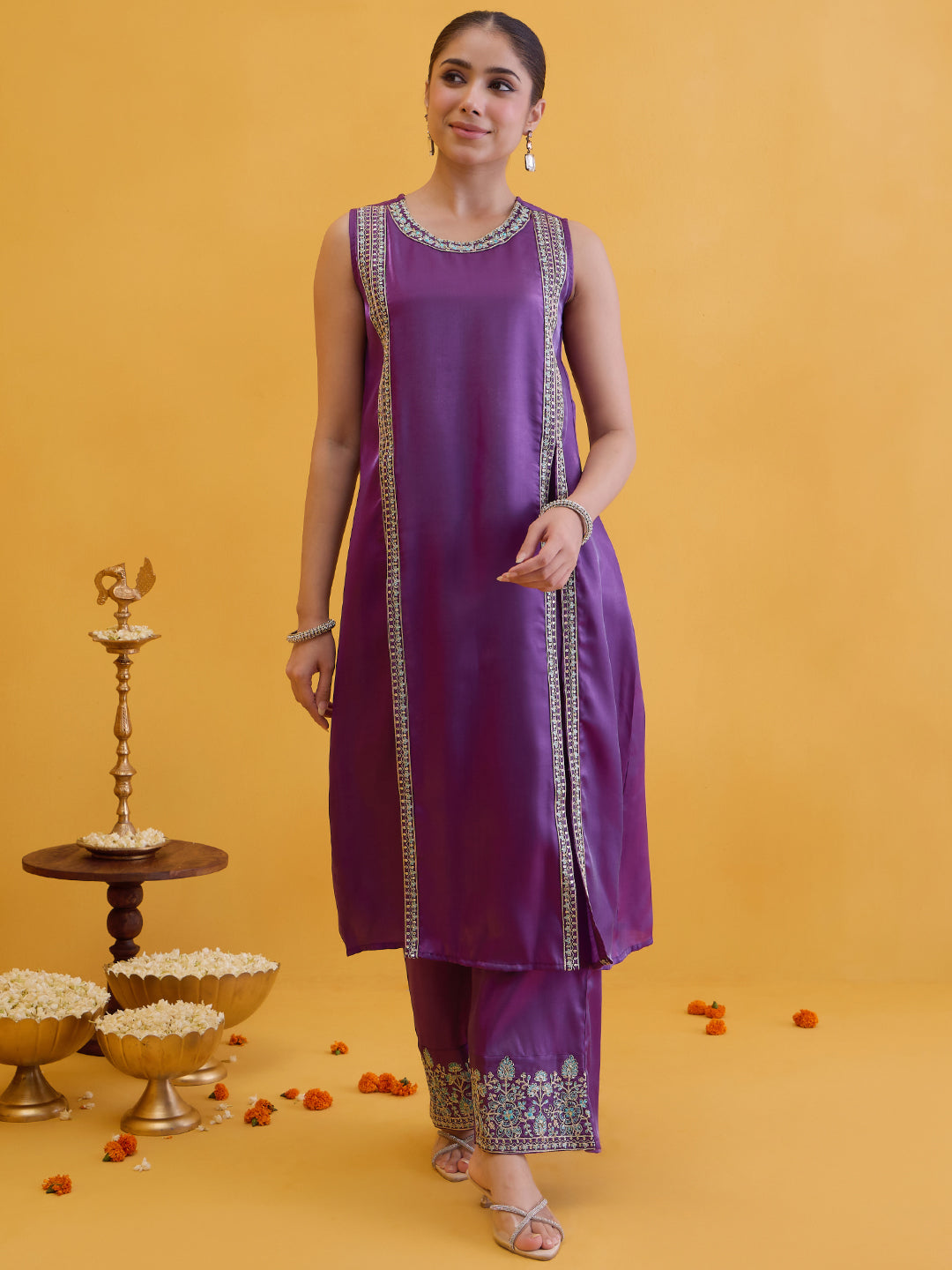 Janasya Women's Purple Silk Blend Zari Embroidered A-Line High Slit Kurta Pant Set