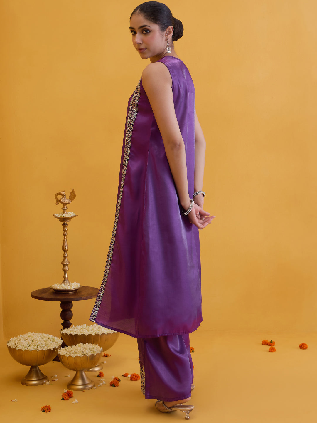 Janasya Women's Purple Silk Blend Zari Embroidered A-Line High Slit Kurta Pant Set