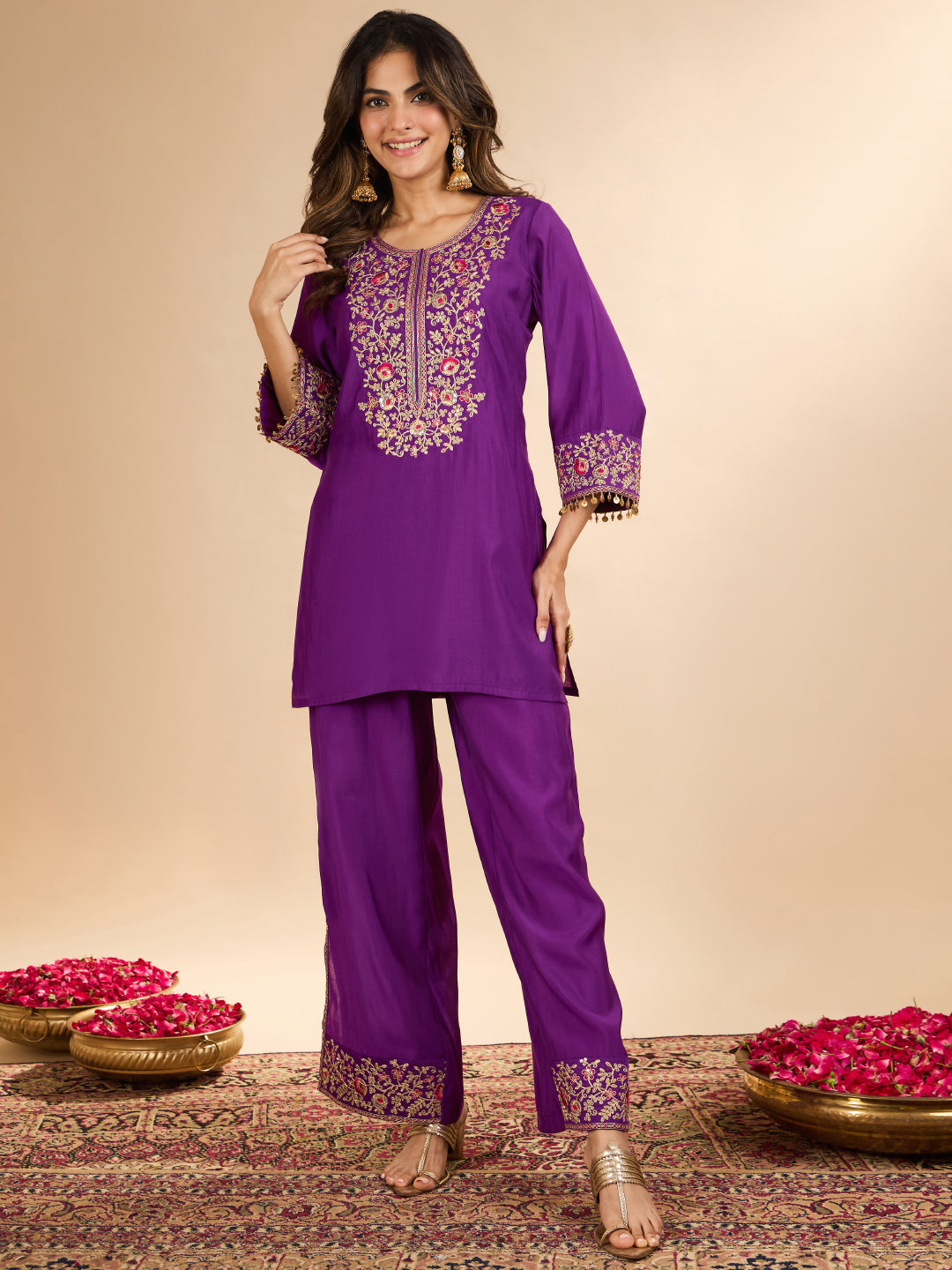 Janasya Women's Purple Chanderi Silk Floral Zari Yoke Embroidered Straight Co-Ord Set