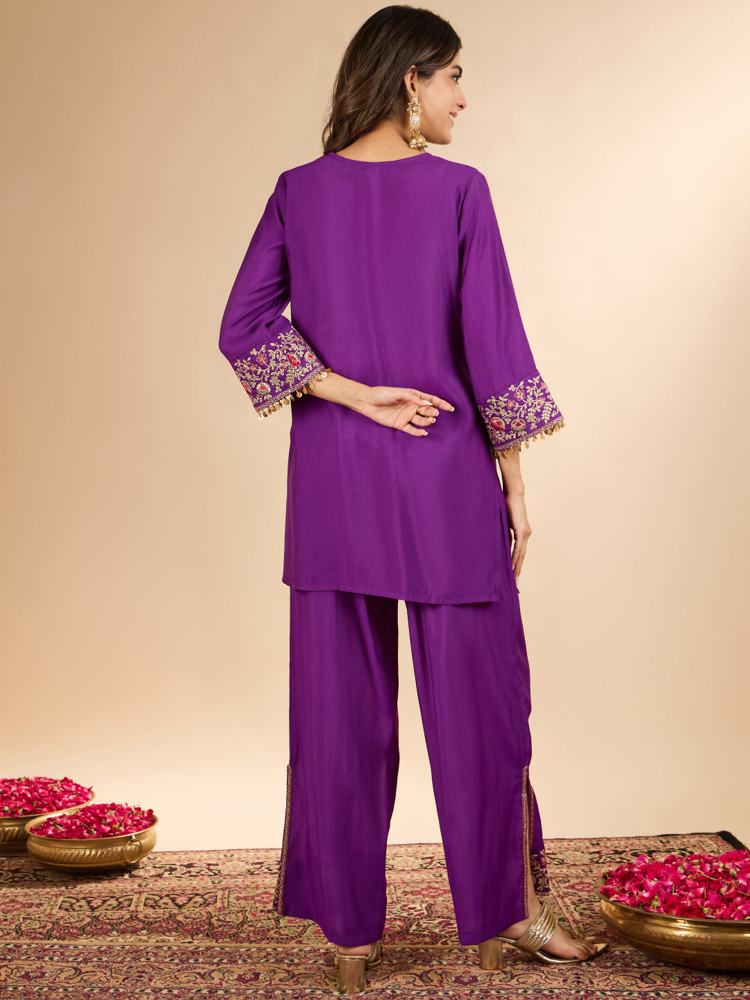 Janasya Women's Purple Chanderi Silk Floral Zari Yoke Embroidered Straight Co-Ord Set