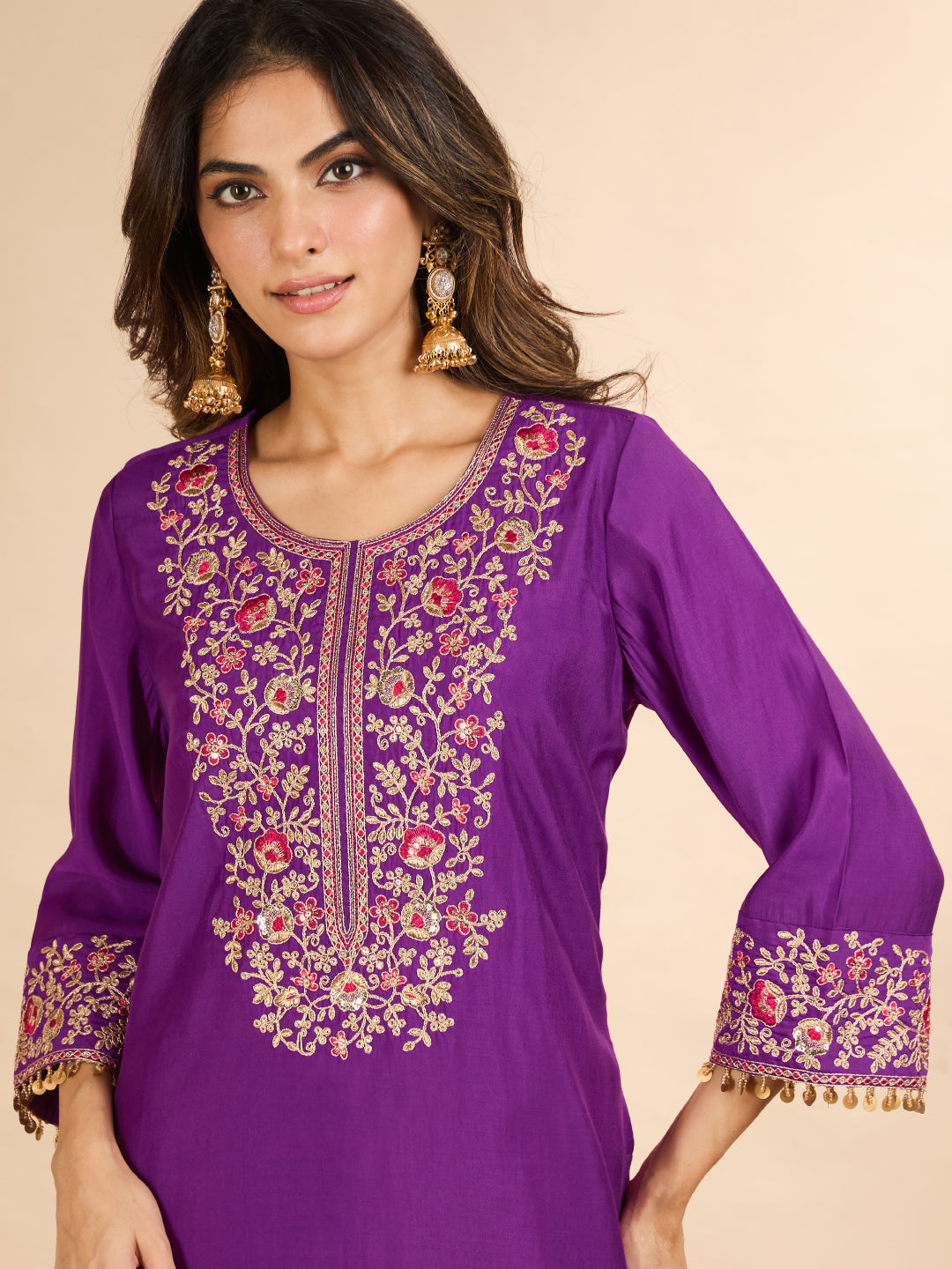 Janasya Women's Purple Chanderi Silk Floral Zari Yoke Embroidered Straight Co-Ord Set