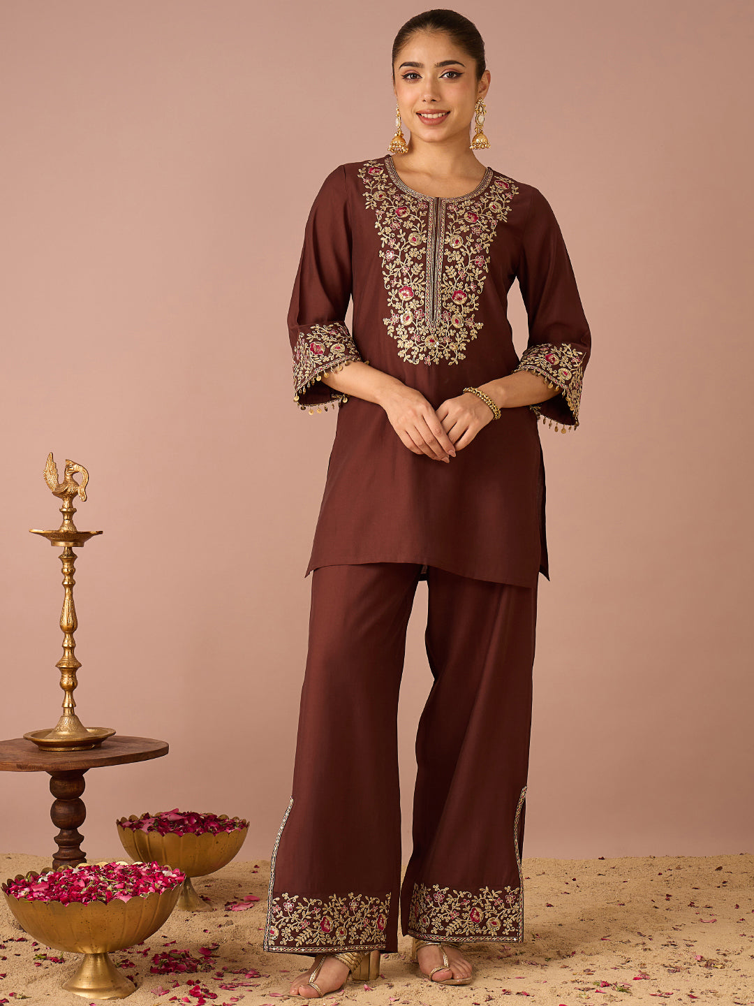 Janasya Women's Brown Chanderi Silk Floral Sequins And Zari Yoke Embroidered Straight Co-Ord Set