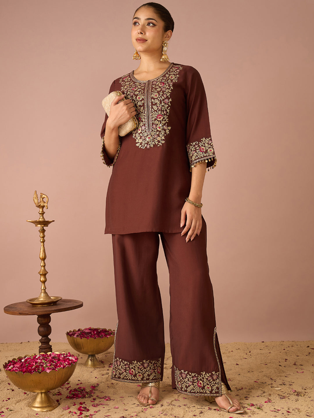Janasya Women's Brown Chanderi Silk Floral Sequins And Zari Yoke Embroidered Straight Co-Ord Set