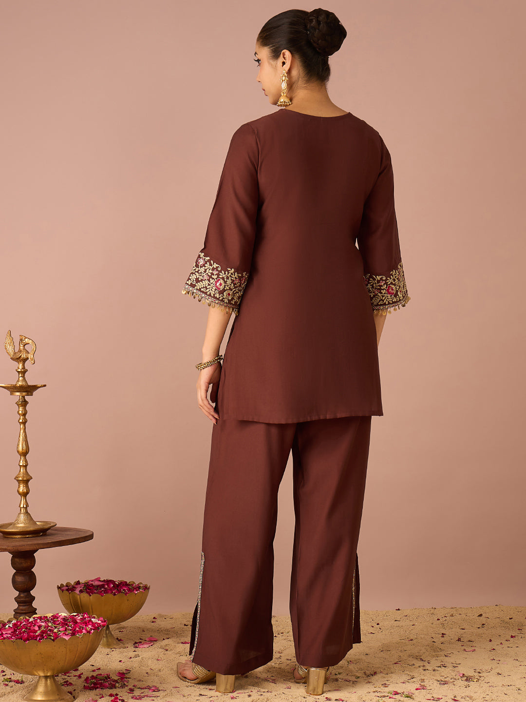Janasya Women's Brown Chanderi Silk Floral Sequins And Zari Yoke Embroidered Straight Co-Ord Set