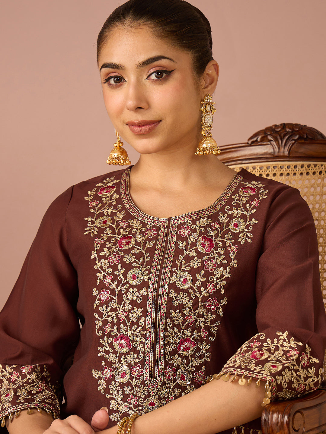 Janasya Women's Brown Chanderi Silk Floral Sequins And Zari Yoke Embroidered Straight Co-Ord Set