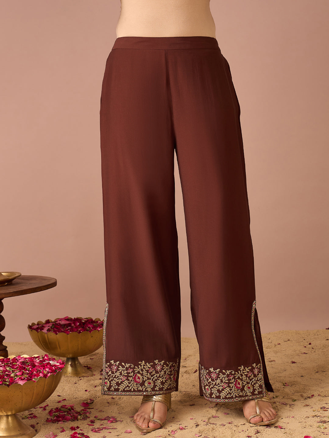 Janasya Women's Brown Chanderi Silk Floral Sequins And Zari Yoke Embroidered Straight Co-Ord Set