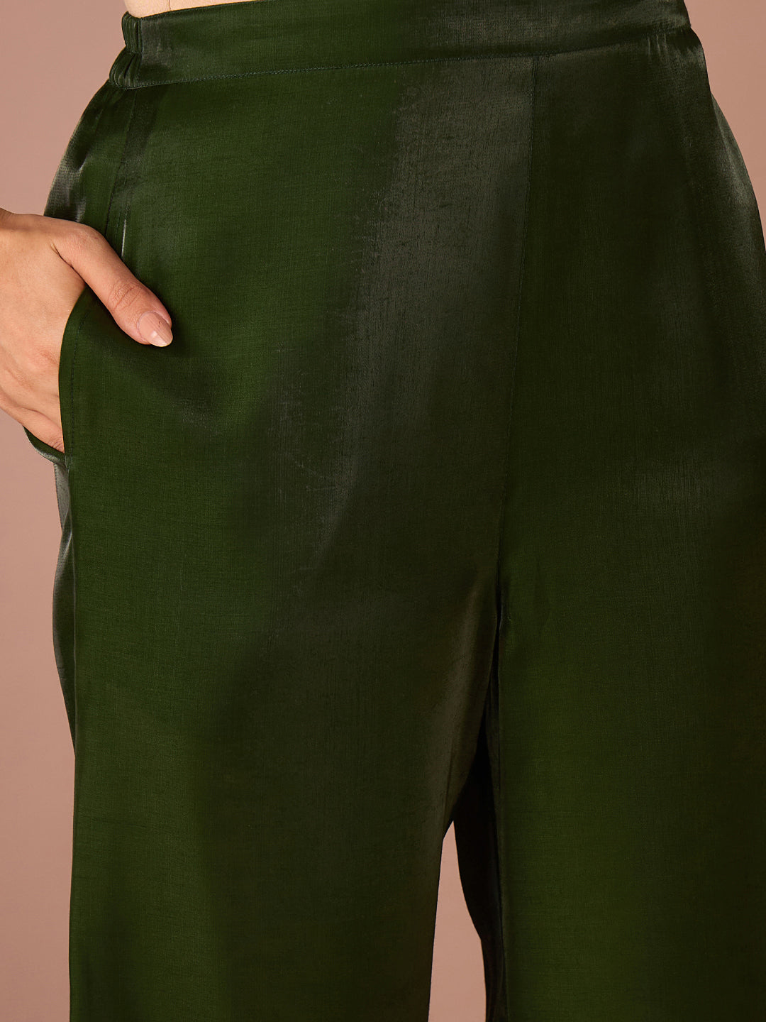Janasya Women's Bottle Green Silk Blend Zari Yoke Embroidered Straight Co-Ord Set