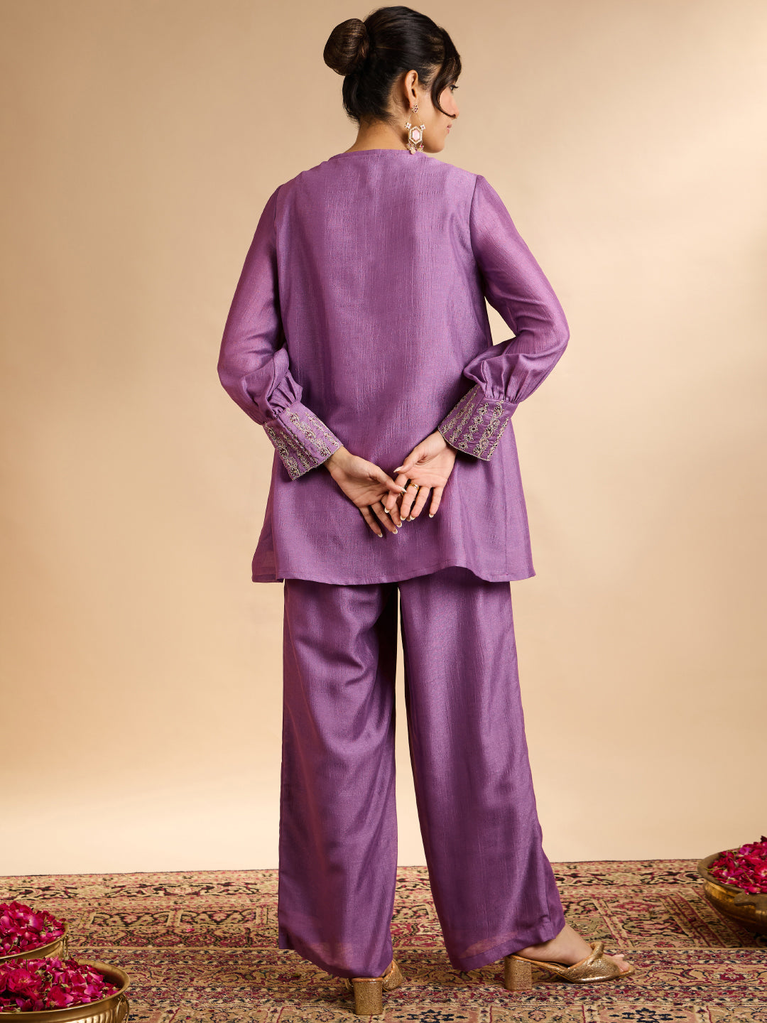 Janasya Women's Lavender Silk Blend Zari Yoke Embroidered A-Line Co-Ord Set