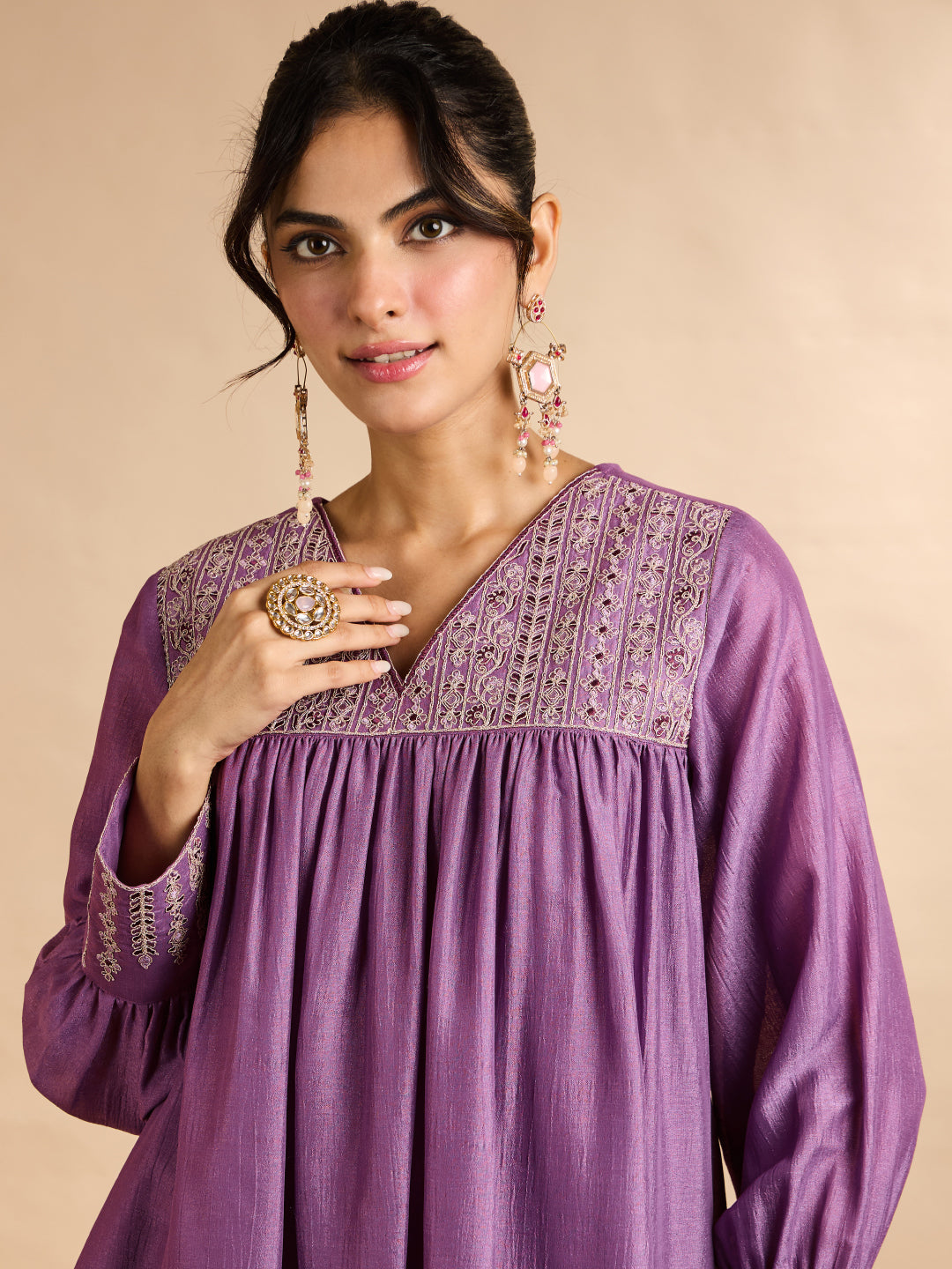 Janasya Women's Lavender Silk Blend Zari Yoke Embroidered A-Line Co-Ord Set
