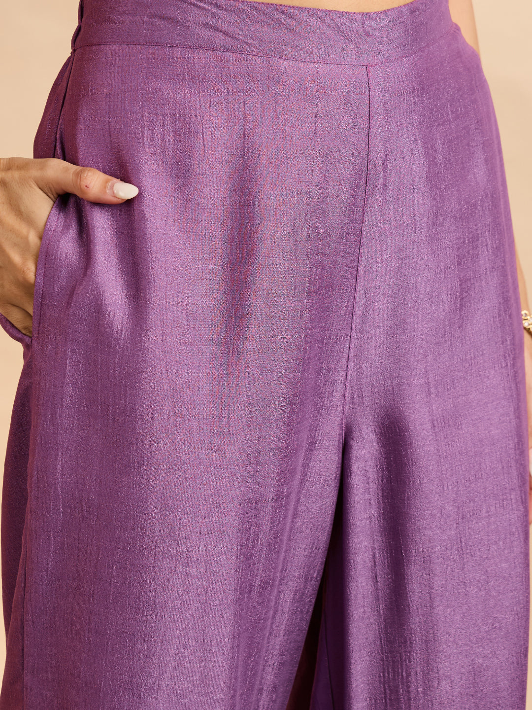 Janasya Women's Lavender Silk Blend Zari Yoke Embroidered A-Line Co-Ord Set