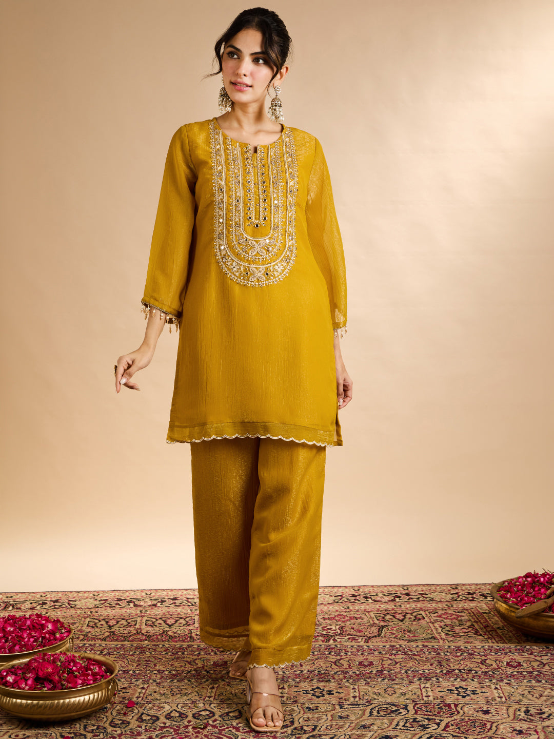 Janasya Women's Mustard Yellow Tissue Silk Beads Mirror Work Yoke Embroidered Straight Co-Ord Set