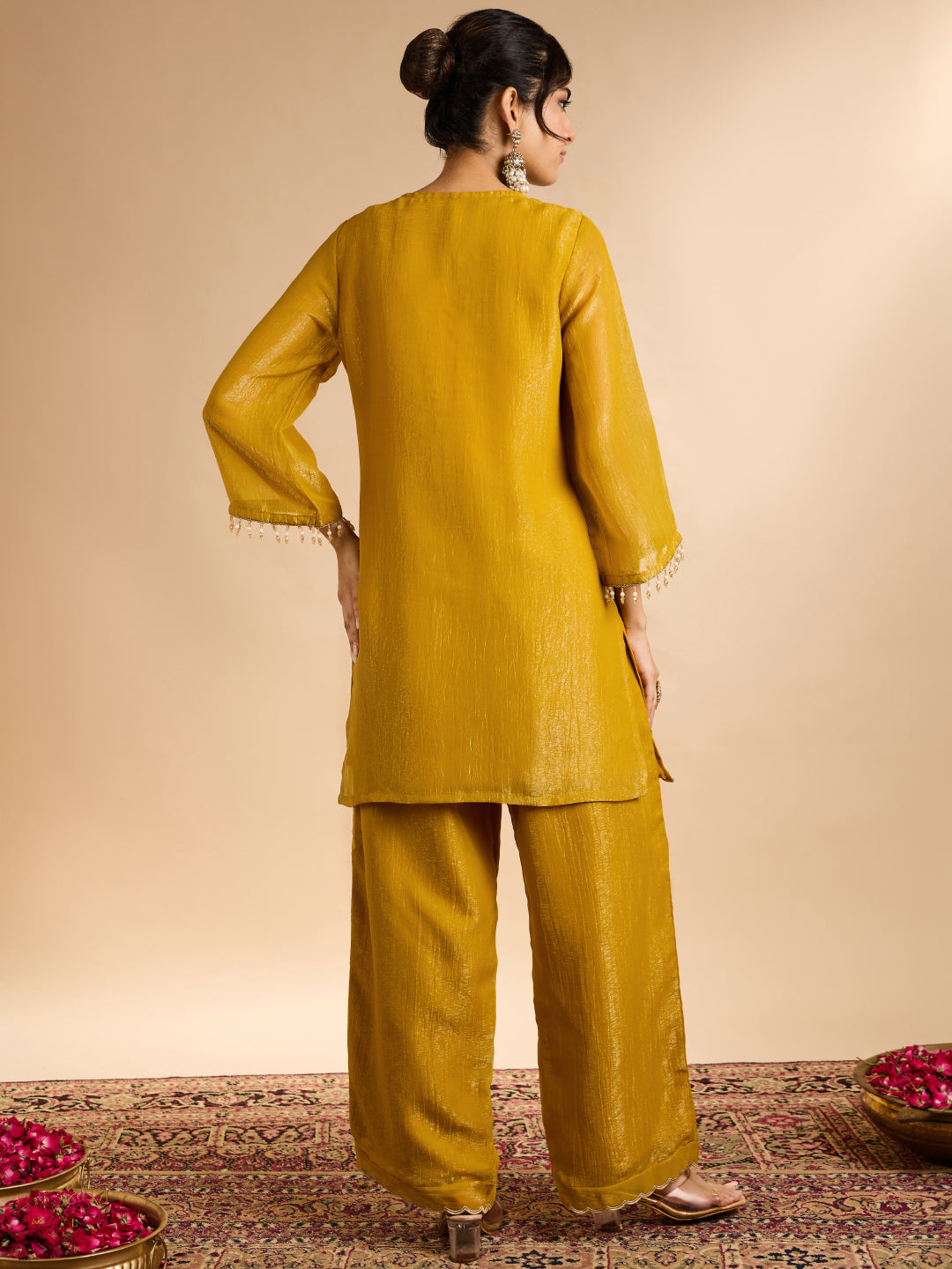 Janasya Women's Mustard Yellow Tissue Silk Beads Mirror Work Yoke Embroidered Straight Co-Ord Set