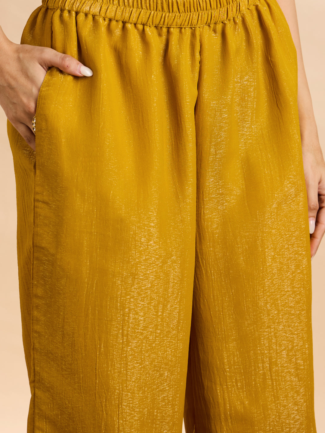 Janasya Women's Mustard Yellow Tissue Silk Beads Mirror Work Yoke Embroidered Straight Co-Ord Set