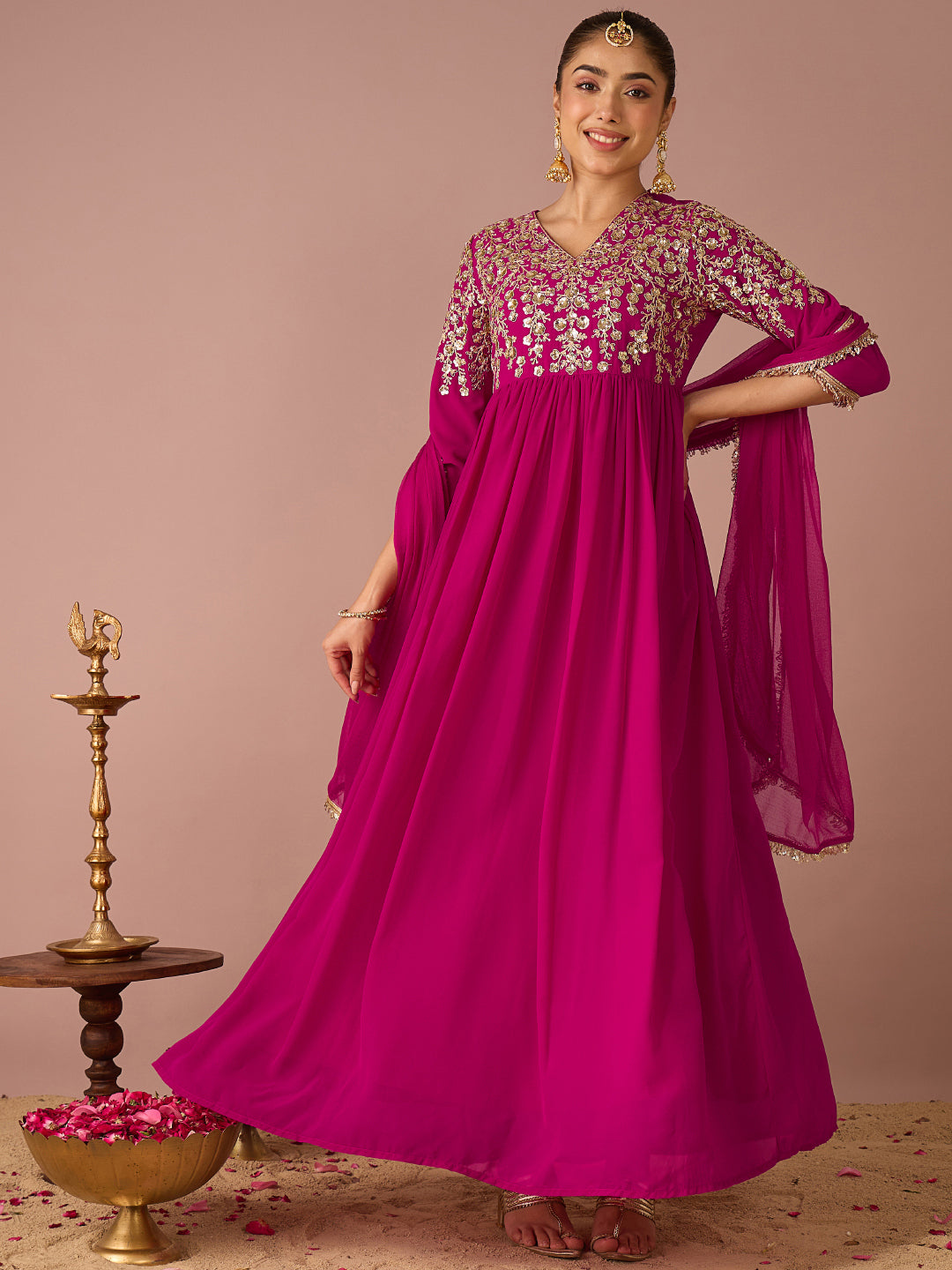 Janasya Women's Magenta Georgette Floral Sequins And Zari Embroidered A-Line Gown with Dupatta Set
