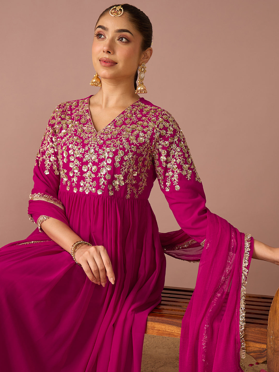 Janasya Women's Magenta Georgette Floral Sequins And Zari Embroidered A-Line Gown with Dupatta Set