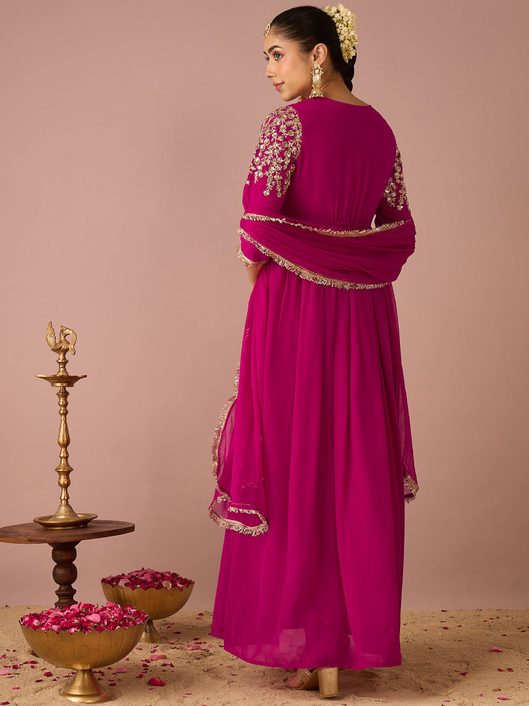 Janasya Women's Magenta Georgette Floral Sequins And Zari Embroidered A-Line Gown with Dupatta Set