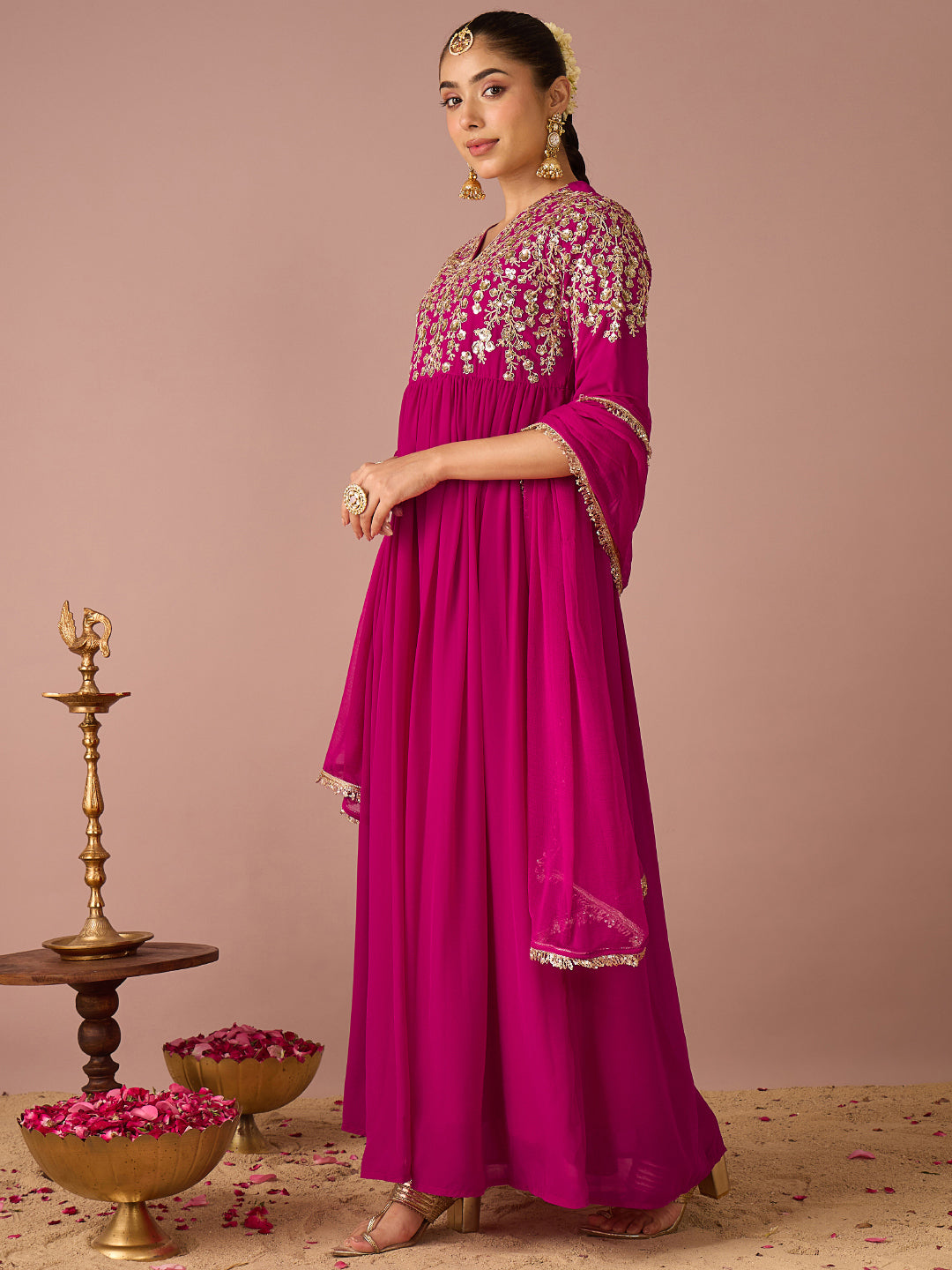 Janasya Women's Magenta Georgette Floral Sequins And Zari Embroidered A-Line Gown with Dupatta Set