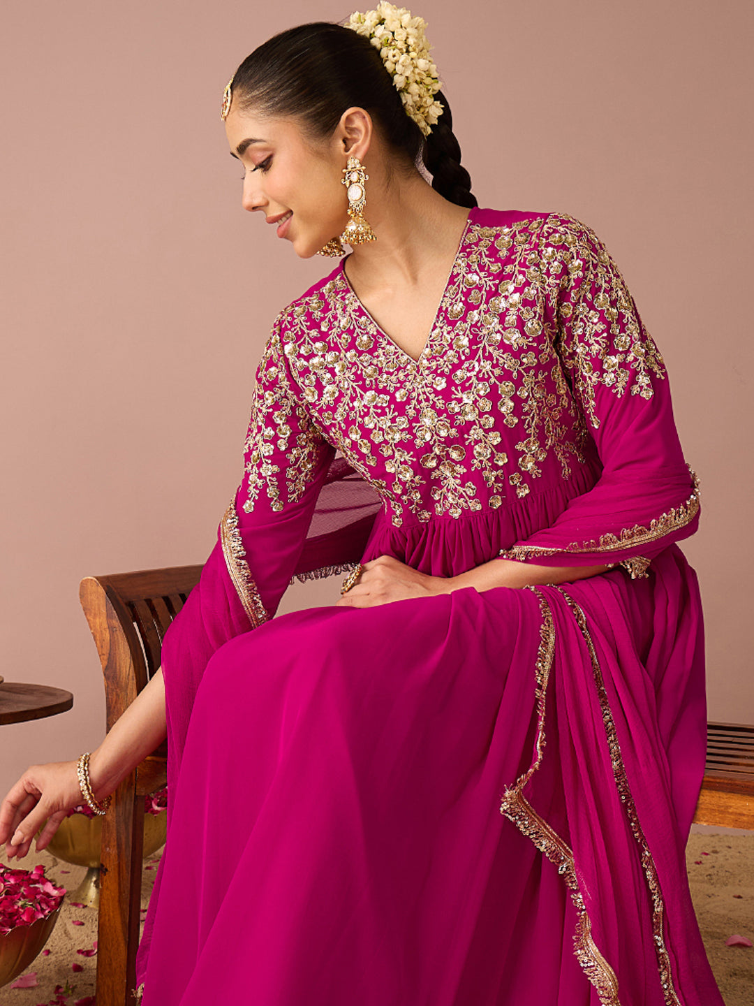 Janasya Women's Magenta Georgette Floral Sequins And Zari Embroidered A-Line Gown with Dupatta Set