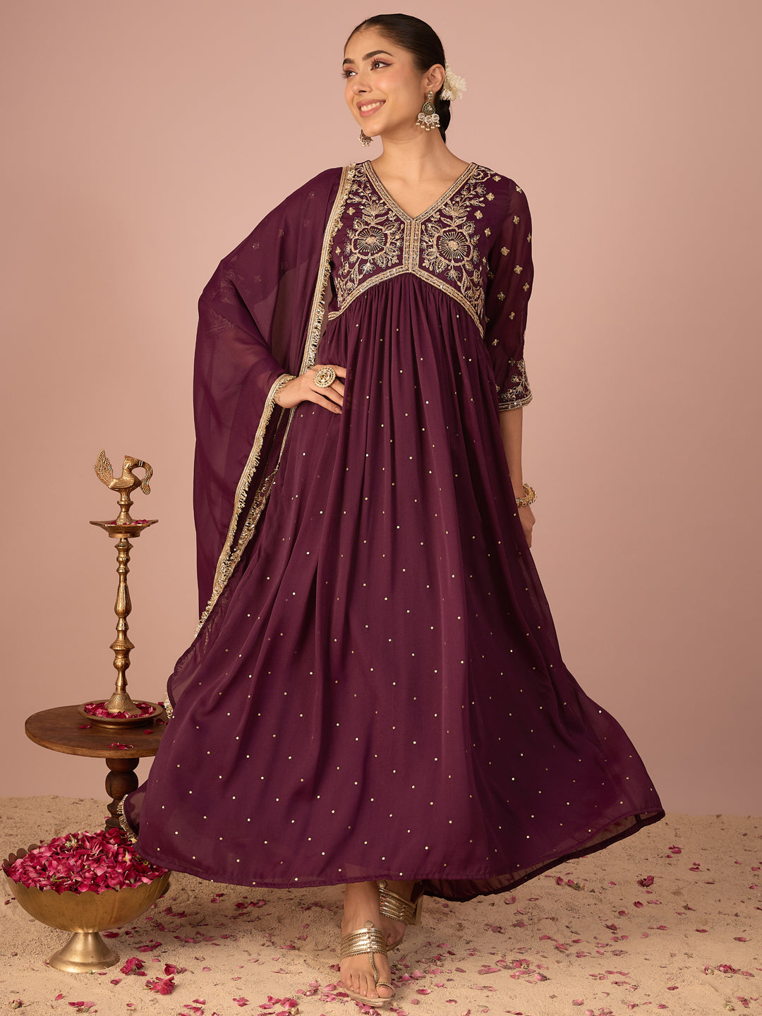Janasya Women's Wine Georgette Zari Embroidered Foil Printed A-Line Gown with Dupatta Set