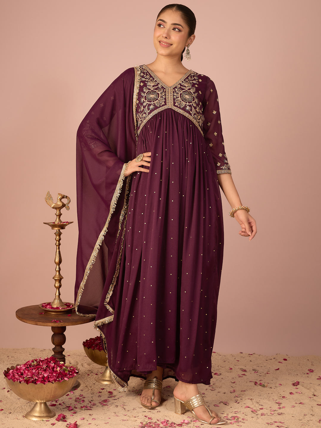 Janasya Women's Wine Georgette Zari Embroidered Foil Printed A-Line Gown with Dupatta Set