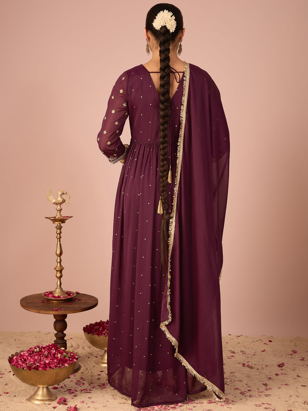 Janasya Women's Wine Georgette Zari Embroidered Foil Printed A-Line Gown with Dupatta Set