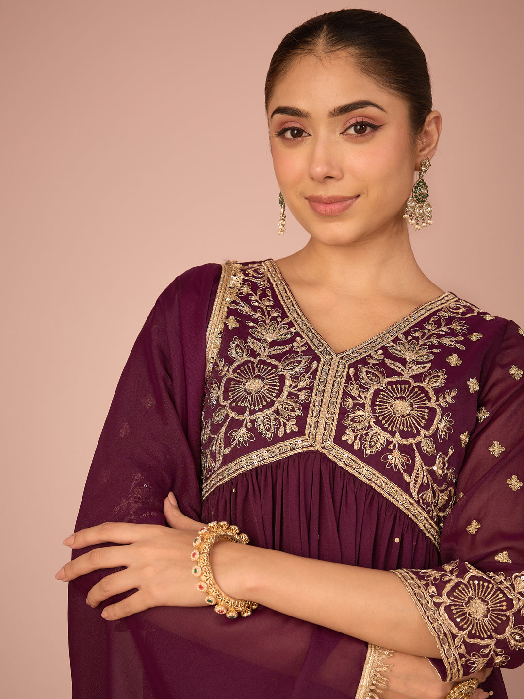 Janasya Women's Wine Georgette Zari Embroidered Foil Printed A-Line Gown with Dupatta Set