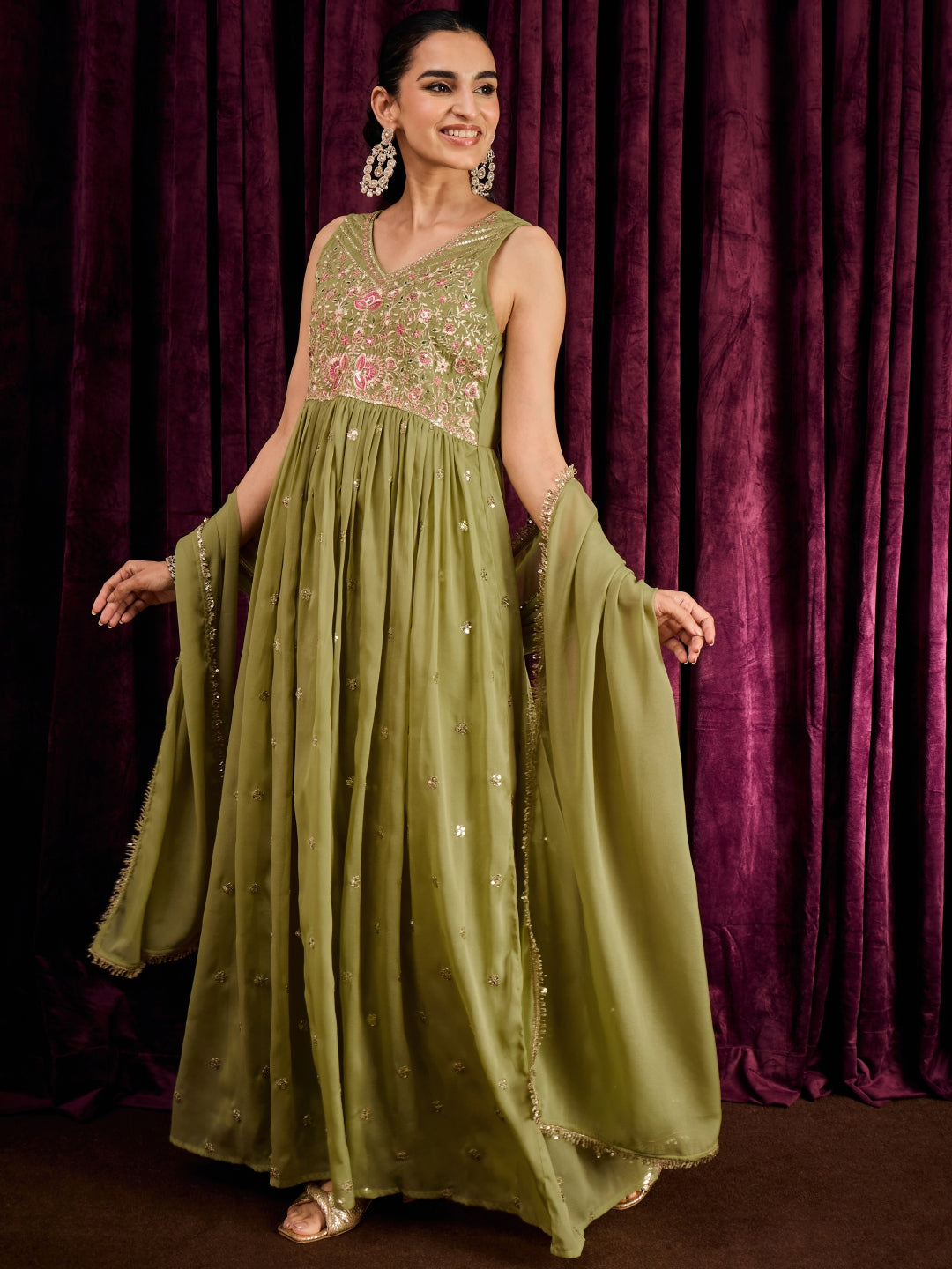 Janasya Women's Green Georgette Sequins Zari Embroidered A-Line Gown wih Dupatta Set