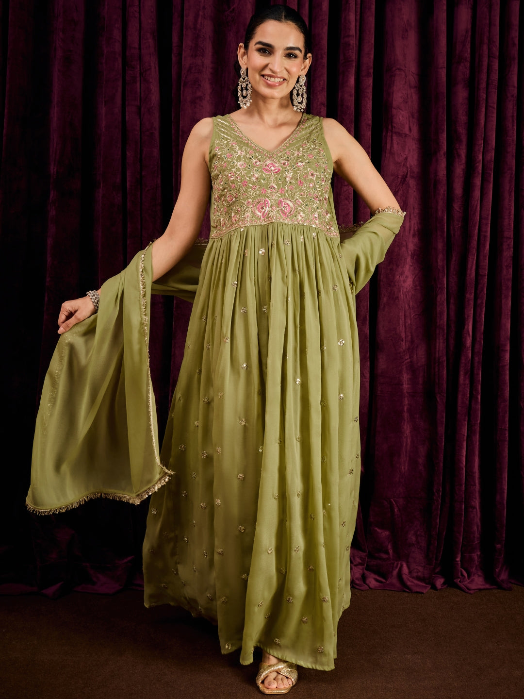 Janasya Women's Green Georgette Sequins Zari Embroidered A-Line Gown wih Dupatta Set