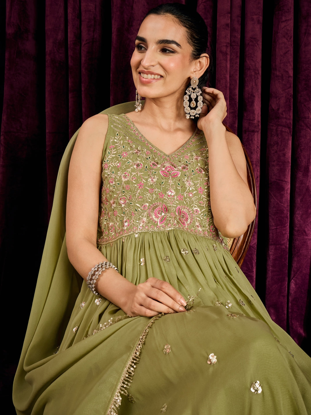 Janasya Women's Green Georgette Sequins Zari Embroidered A-Line Gown wih Dupatta Set