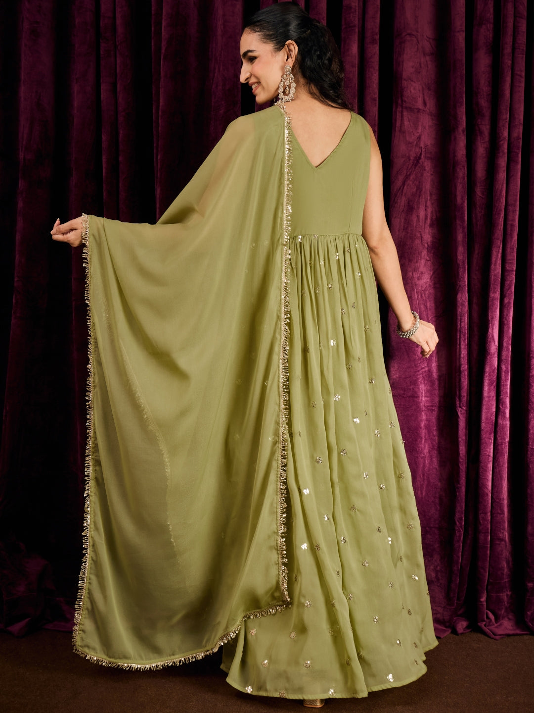 Janasya Women's Green Georgette Sequins Zari Embroidered A-Line Gown wih Dupatta Set