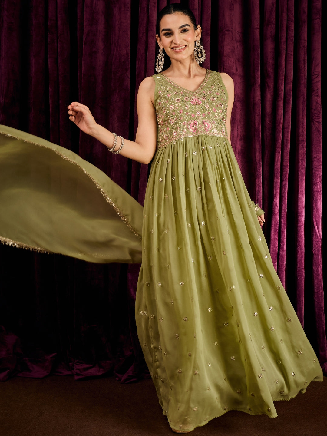 Janasya Women's Green Georgette Sequins Zari Embroidered A-Line Gown wih Dupatta Set
