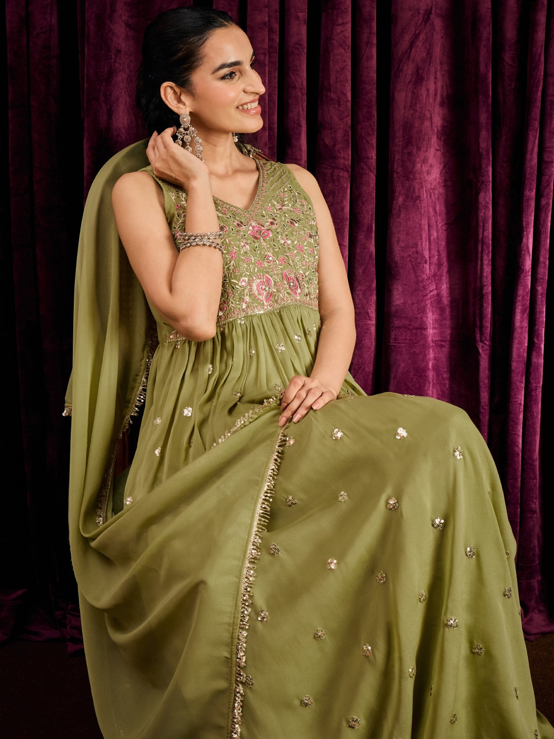 Janasya Women's Green Georgette Sequins Zari Embroidered A-Line Gown wih Dupatta Set