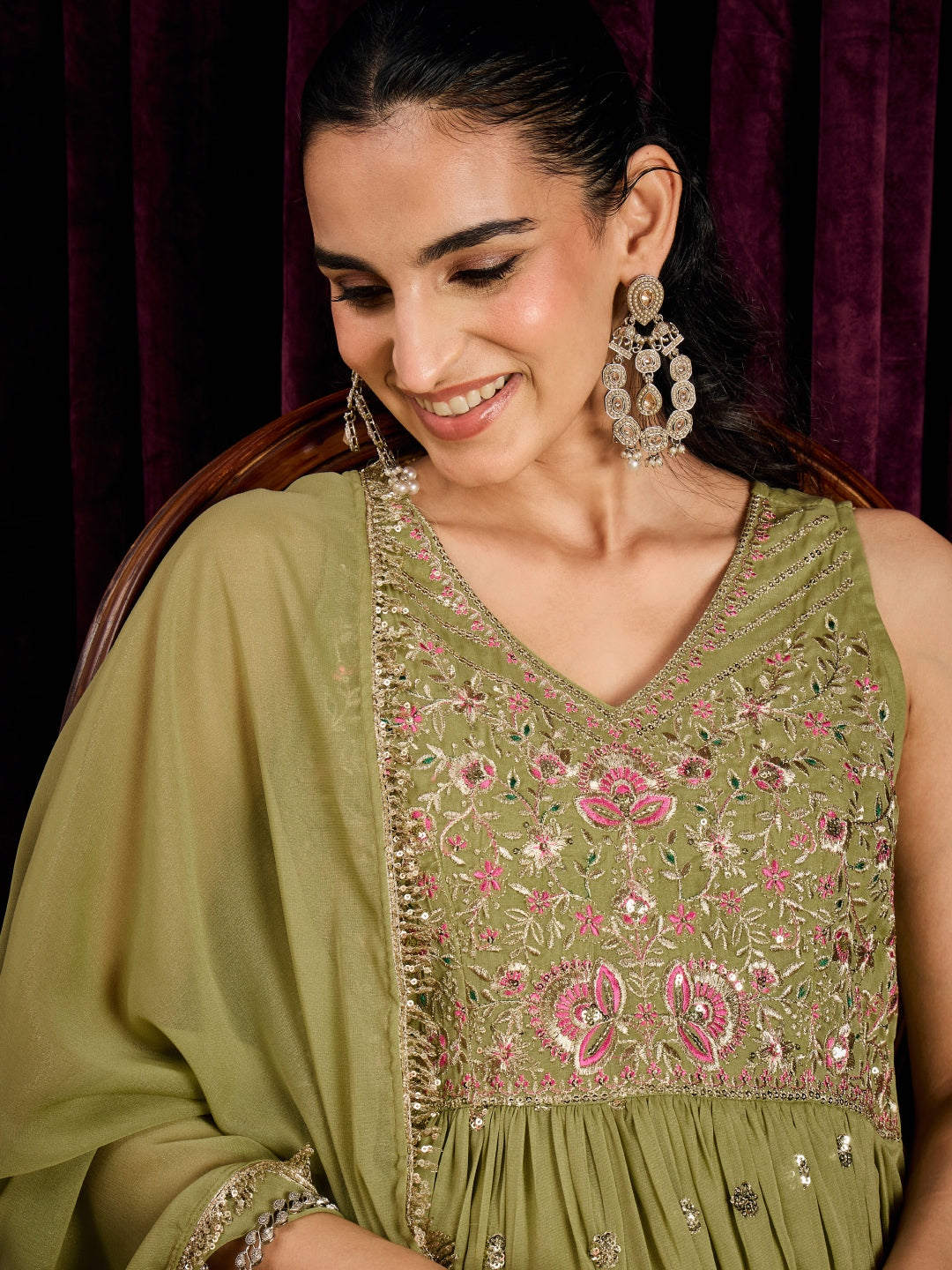 Janasya Women's Green Georgette Sequins Zari Embroidered A-Line Gown wih Dupatta Set