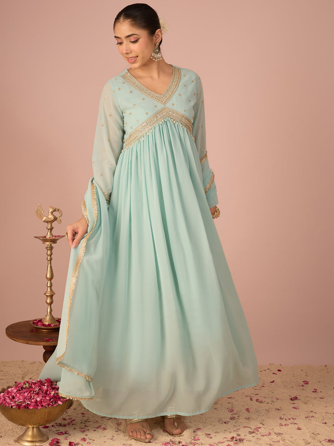 Janasya Women's Aqua Georgette Floral Sequins And Zari Yoke Embroidered A-Line Gown with Dupatta Set