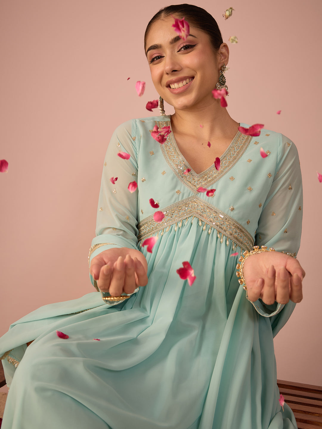 Janasya Women's Aqua Georgette Floral Sequins And Zari Yoke Embroidered A-Line Gown with Dupatta Set